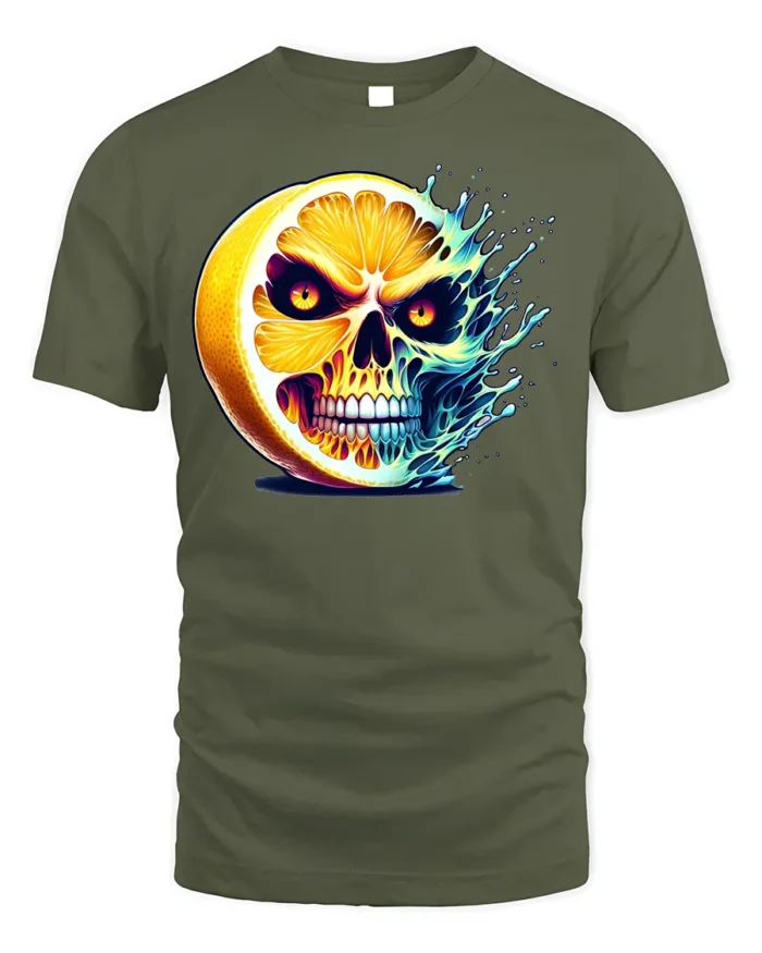 Citrus Skull Explosion T-Shirt Spooky Fruit Graphic - military green t-shirt on white background