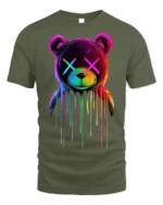 Neon Drip Bear T-Shirt Trippy Colorful Urban Streetwear - military green t-shirt on white background