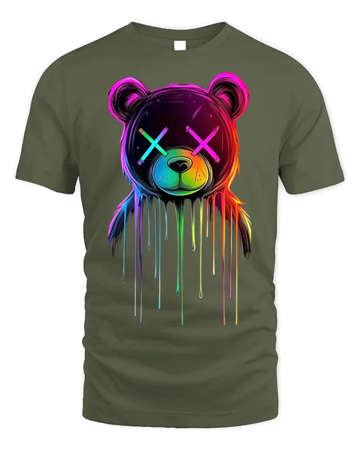 Neon Drip Bear T-Shirt Trippy Colorful Urban Streetwear - military green t-shirt on white background