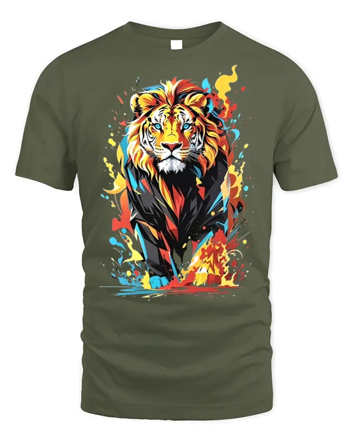 Color Burst Lion T-Shirt Fierce Vibrant Jungle King - military green t-shirt on white background