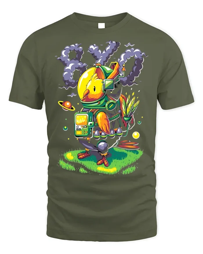 Space Chicken Explorer T-Shirt Funny Sci-Fi Animal - military green t-shirt on white background