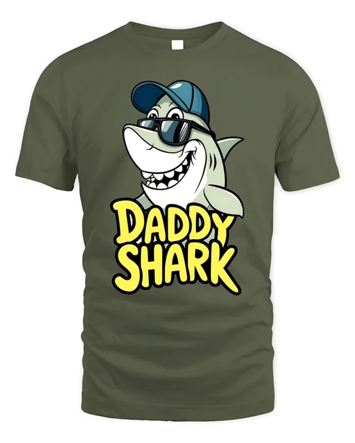 Daddy Shark T-Shirt Funny Father’s Day Gift for Dad - military green t-shirt on white background