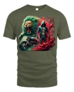 Biker Lion T-Shirt Fierce Urban Warrior Graphic Tee - military green t-shirt on white background