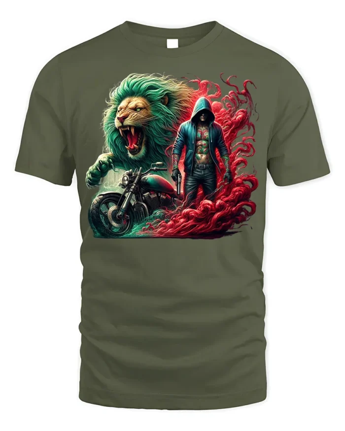 Biker Lion T-Shirt Fierce Urban Warrior Graphic Tee - military green t-shirt on white background