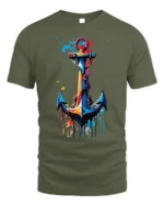 Colorful Anchor T-Shirt Nautical Art for Ocean Lovers - military green t-shirt on white background