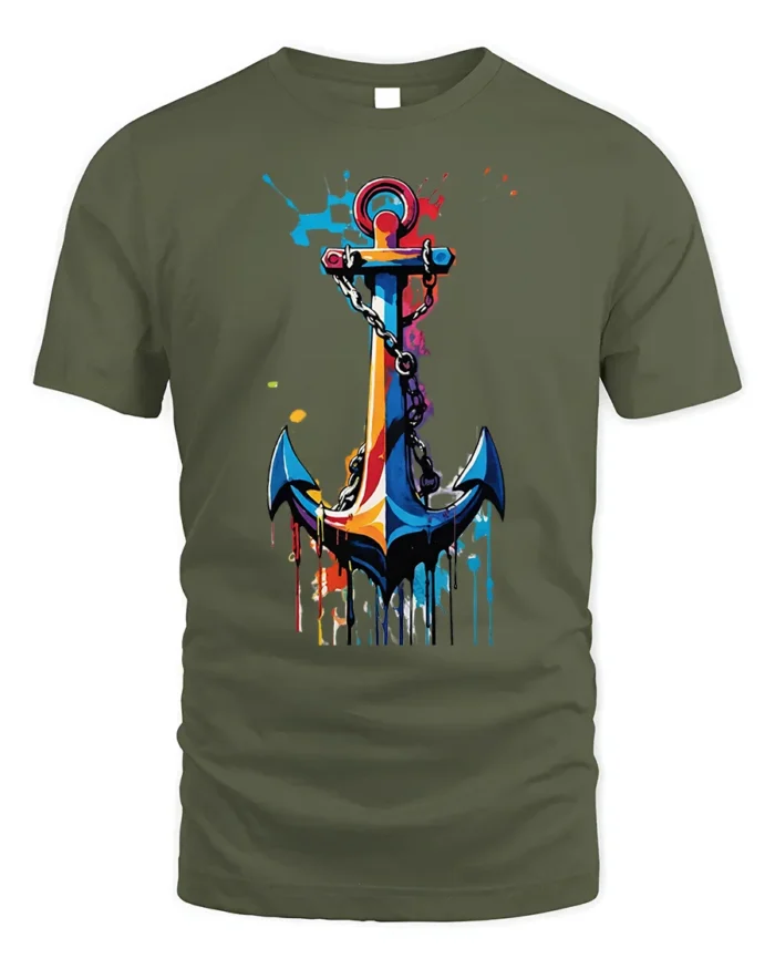 Colorful Anchor T-Shirt Nautical Art for Ocean Lovers - military green t-shirt on white background