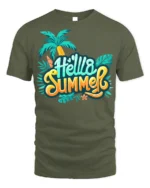 Hello Summer T-Shirt Colorful Palm Tree Beach Vibes - military green t-shirt on white background