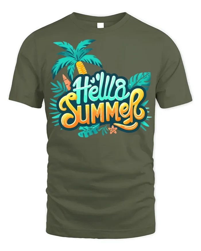 Hello Summer T-Shirt Colorful Palm Tree Beach Vibes - military green t-shirt on white background