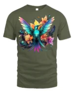 Hummingbird Floral T-Shirt Vibrant Colorful Nature - military green t-shirt on white background