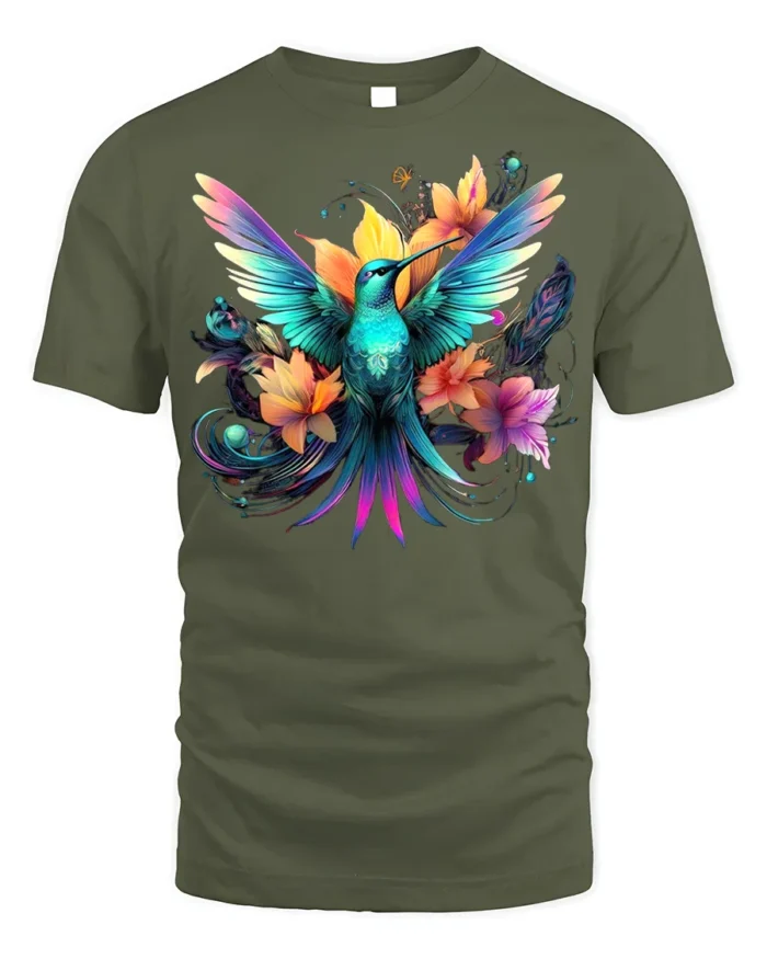 Hummingbird Floral T-Shirt Vibrant Colorful Nature - military green t-shirt on white background