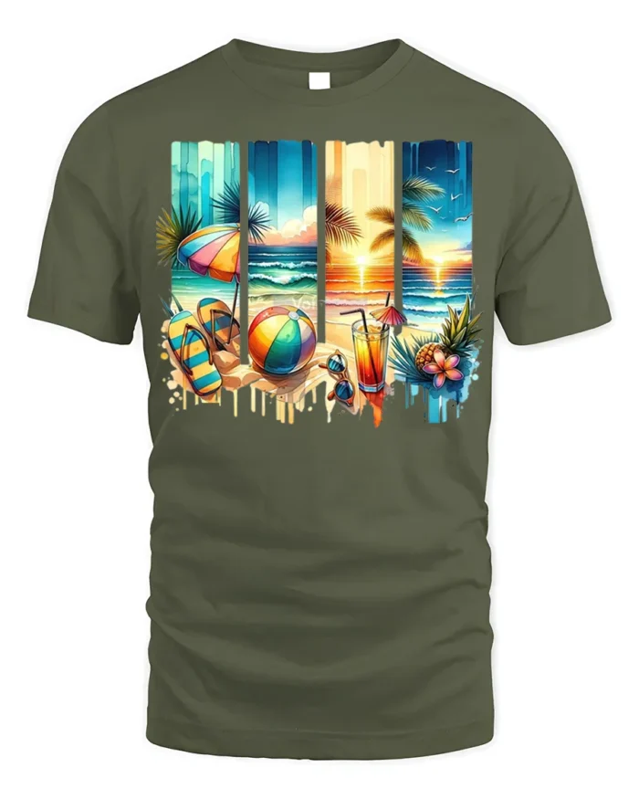 Tropical Beach Sunset T-Shirt Summer Vacation Vibes - military green t-shirt on white background