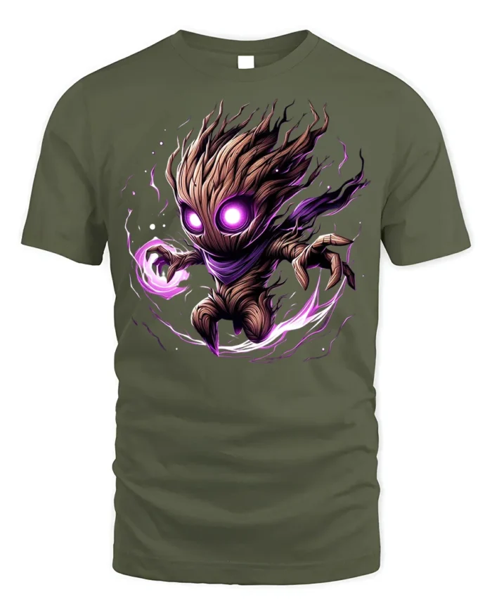 Dark Cosmic Tree Warrior T-Shirt - Fantasy Power Graphic - military green t-shirt on white background