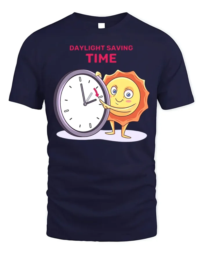 Daylight Saving Time Funny Sun T-Shirt Comfy Cotton - navy t-shirt on white background