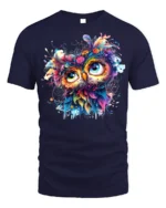 Colorful Owl Art T-Shirt Psychedelic Vibe on Soft Cotton - navy t-shirt on white background