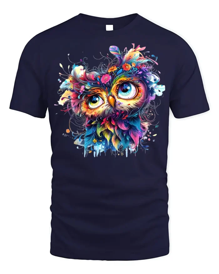 Colorful Owl Art T-Shirt Psychedelic Vibe on Soft Cotton - navy t-shirt on white background
