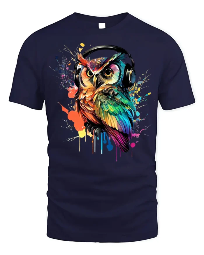 DJ Owl T-Shirt Colorful Headphones Bird for Music Fans - navy t-shirt on white background