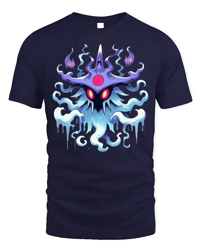Mystic Spirit Monster T-Shirt Glow in Dark Look Ghost Tee - navy t-shirt on white background