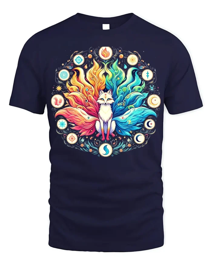 Celestial Fox Elements T-Shirt Mystical Kitsune Tee Art - navy t-shirt on white background