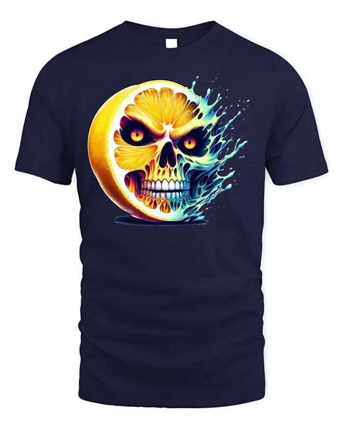Citrus Skull Explosion T-Shirt Spooky Fruit Graphic - navy t-shirt on white background