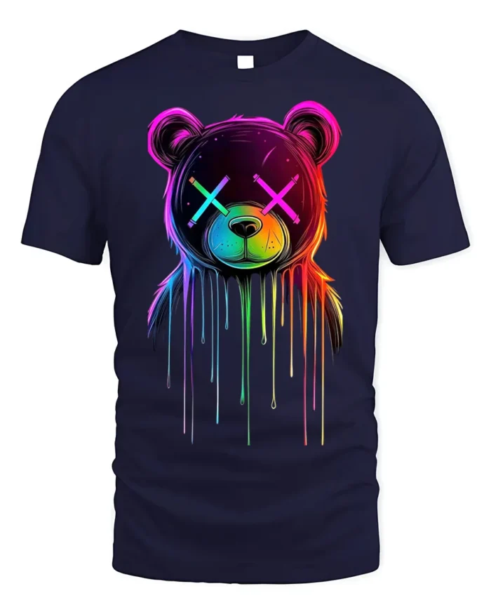 Neon Drip Bear T-Shirt Trippy Colorful Urban Streetwear - navy t-shirt on white background
