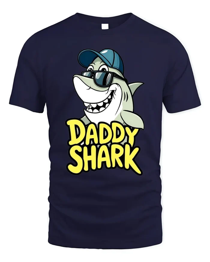 Daddy Shark T-Shirt Funny Father’s Day Gift for Dad - navy t-shirt on white background