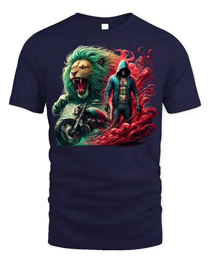 Biker Lion T-Shirt Fierce Urban Warrior Graphic Tee - navy t-shirt on white background