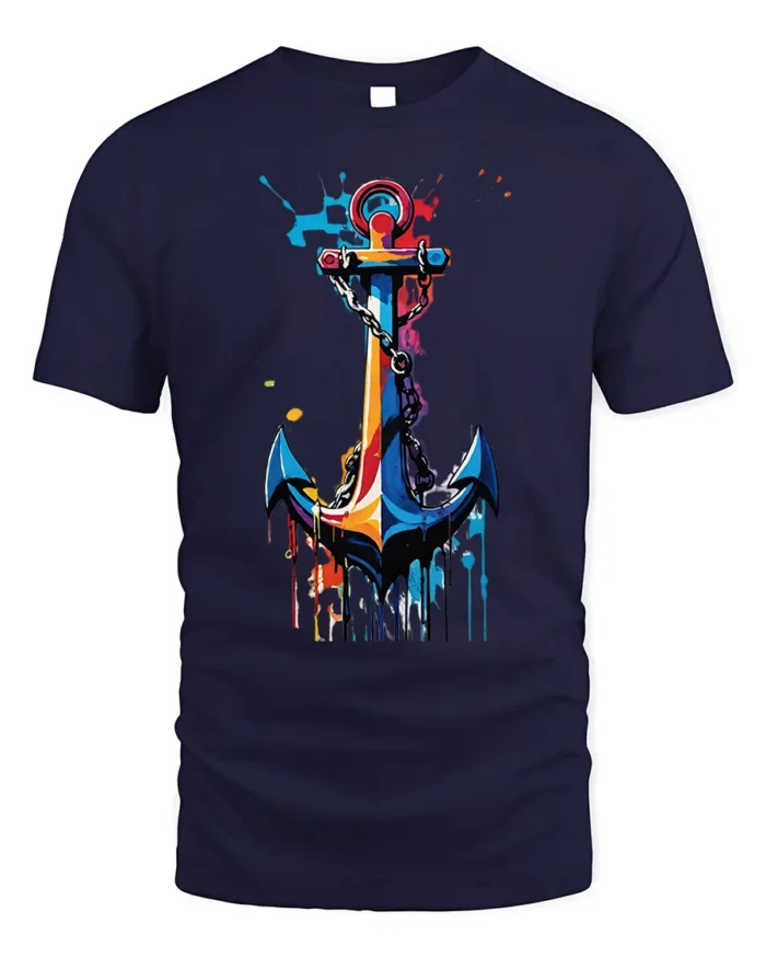 Colorful Anchor T-Shirt Nautical Art for Ocean Lovers - navy t-shirt on white background