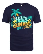 Hello Summer T-Shirt Colorful Palm Tree Beach Vibes - navy t-shirt on white background