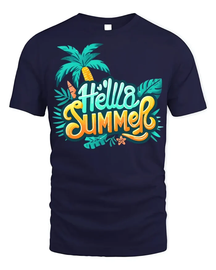 Hello Summer T-Shirt Colorful Palm Tree Beach Vibes - navy t-shirt on white background