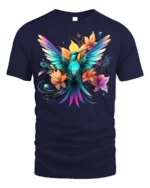 Hummingbird Floral T-Shirt Vibrant Colorful Nature - navy t-shirt on white background