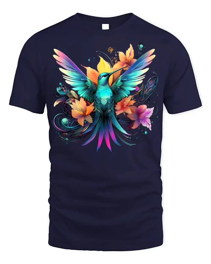 Hummingbird Floral T-Shirt Vibrant Colorful Nature - navy t-shirt on white background