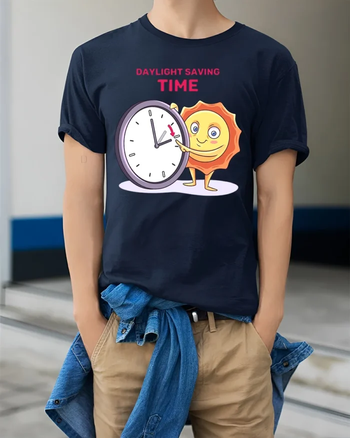 Daylight Saving Time Funny Sun T-Shirt Comfy Cotton - model wearing navy shirt, hands in pockets