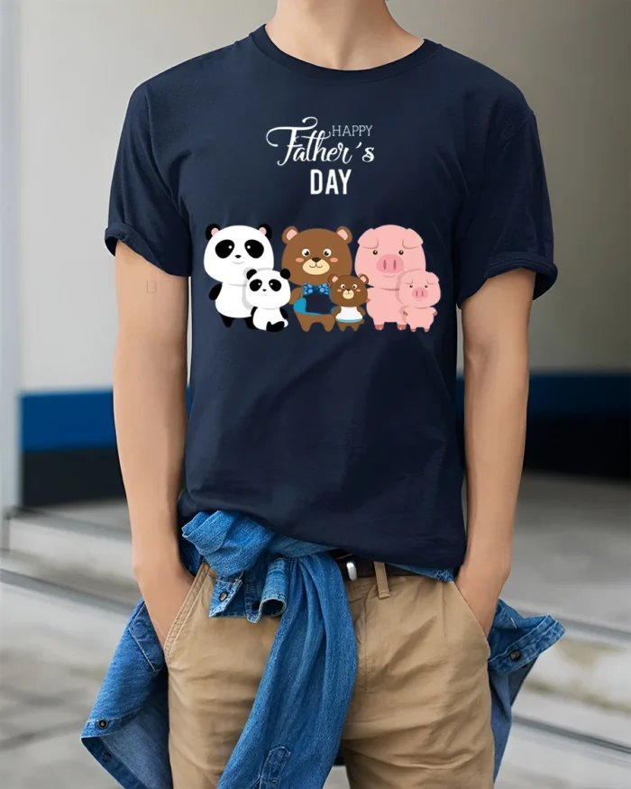 Happy Father’s Day Family Bears Pigs T-Shirt - model wearing navy shirt, hands in pockets