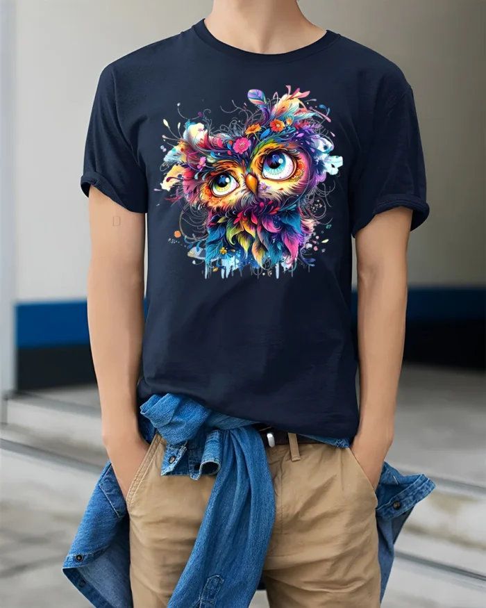 Colorful Owl Art T-Shirt Psychedelic Vibe on Soft Cotton - model wearing navy shirt, hands in pockets