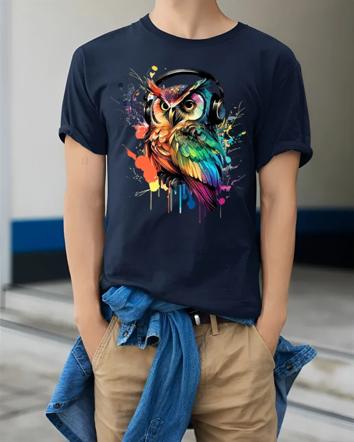DJ Owl T-Shirt Colorful Headphones Bird for Music Fans - model wearing navy shirt, hands in pockets