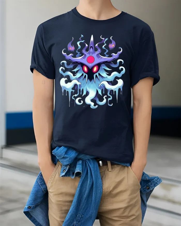 Mystic Spirit Monster T-Shirt Glow in Dark Look Ghost Tee - model wearing navy shirt, hands in pockets