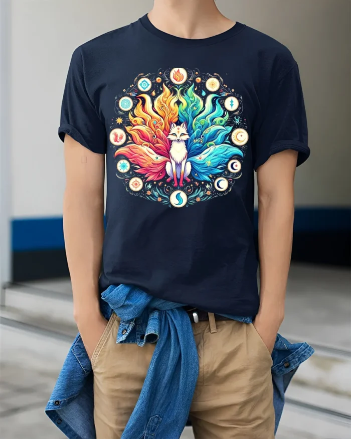 Celestial Fox Elements T-Shirt Mystical Kitsune Tee Art - model wearing navy shirt, hands in pockets