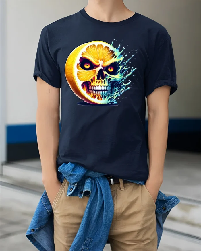 Citrus Skull Explosion T-Shirt Spooky Fruit Graphic - model wearing navy shirt, hands in pockets