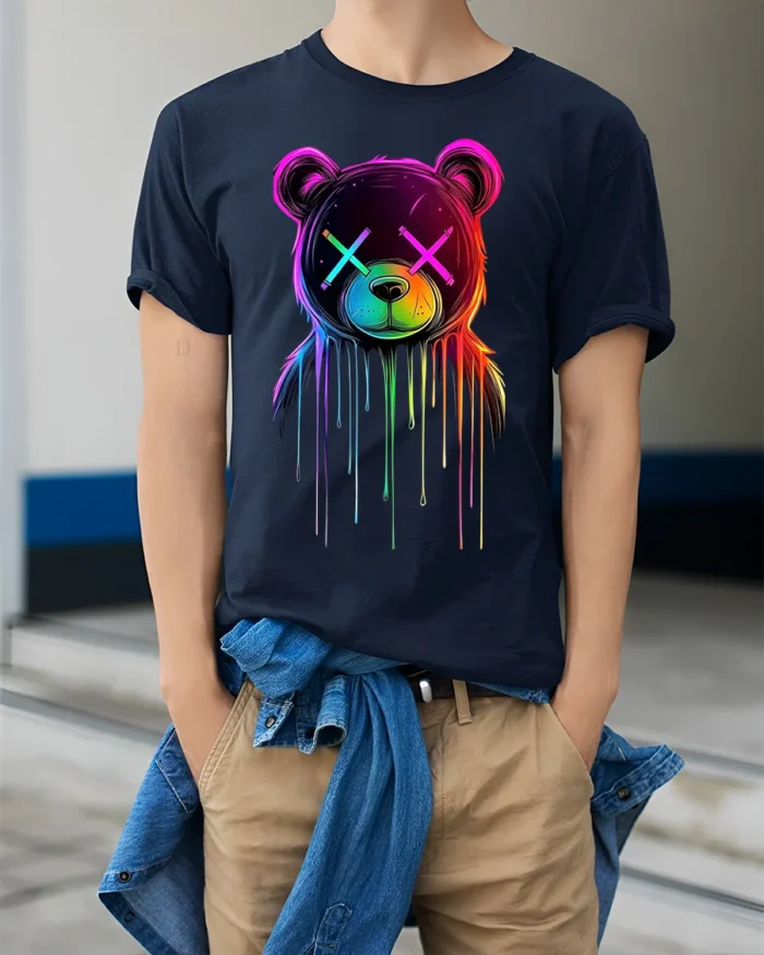 Neon Drip Bear T-Shirt Trippy Colorful Urban Streetwear - model wearing navy shirt, hands in pockets