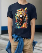 Color Burst Lion T-Shirt Fierce Vibrant Jungle King - model wearing navy shirt, hands in pockets