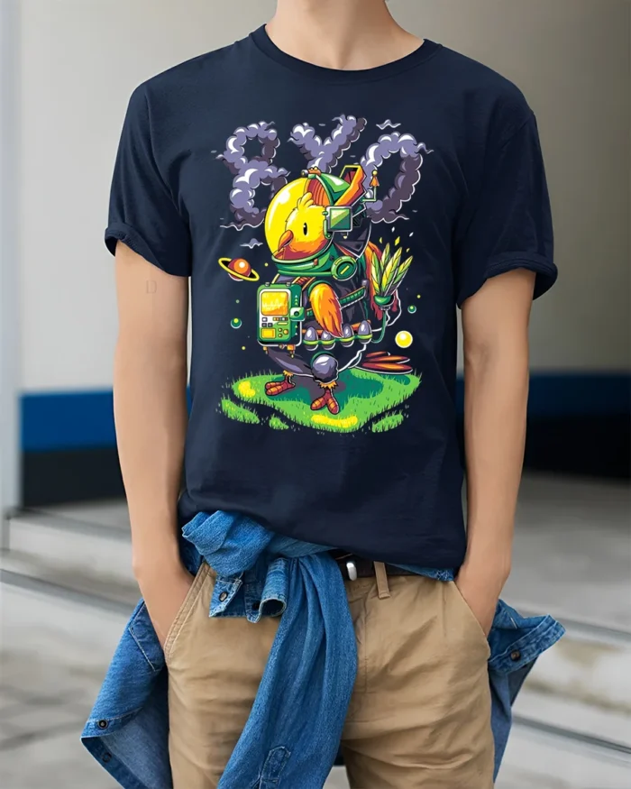 Space Chicken Explorer T-Shirt Funny Sci-Fi Animal - model wearing navy shirt, hands in pockets