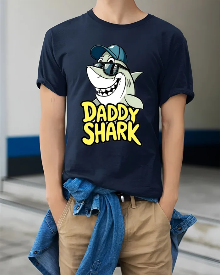 Daddy Shark T-Shirt Funny Father’s Day Gift for Dad - model wearing navy shirt, hands in pockets