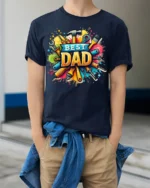 Best Dad Tool Design T-Shirt Perfect Father’s Day Gift - model wearing navy shirt, hands in pockets