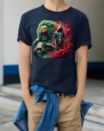 Biker Lion T-Shirt Fierce Urban Warrior Graphic Tee - model wearing navy shirt, hands in pockets