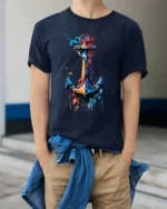 Colorful Anchor T-Shirt Nautical Art for Ocean Lovers - model wearing navy shirt, hands in pockets