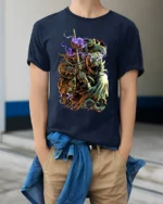 Electric Beast Warrior T-Shirt Epic Fantasy Battle - model wearing navy shirt, hands in pockets
