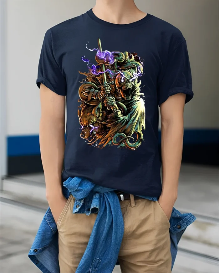 Electric Beast Warrior T-Shirt Epic Fantasy Battle - model wearing navy shirt, hands in pockets