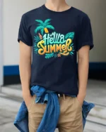 Hello Summer T-Shirt Colorful Palm Tree Beach Vibes - model wearing navy shirt, hands in pockets