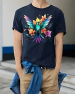 Hummingbird Floral T-Shirt Vibrant Colorful Nature - model wearing navy shirt, hands in pockets