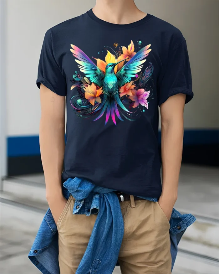Hummingbird Floral T-Shirt Vibrant Colorful Nature - model wearing navy shirt, hands in pockets